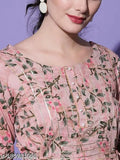 A woman in a fashionable printed anarkali kurta, back designed