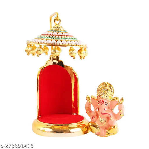 Gold-plated Ganesh idol with stand, exquisite decor for car dashboard, office, or home, auspicious symbol of faith and well-wishing