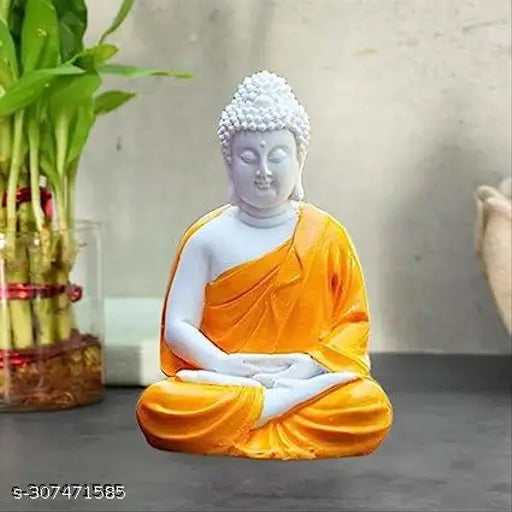 Handcrafted polyresin meditation Buddha statue set (orange & white, 5.5-inch each), Indian artistry for mindful decor