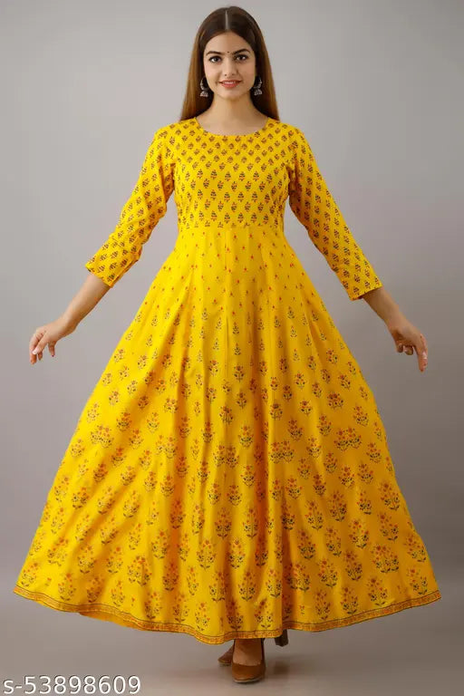 Yellow rayon anarkali kurti, Jaipurite printed women's ethnic wear with three-quarter sleeves