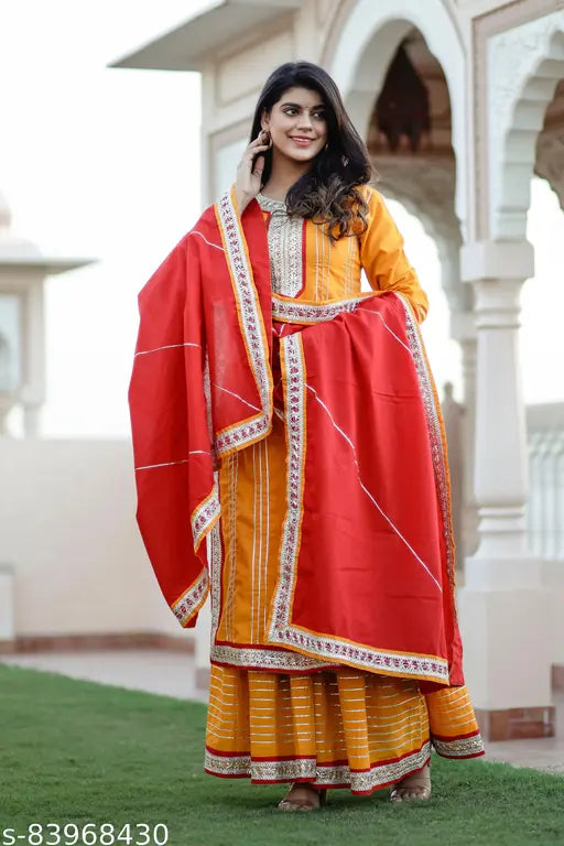 Yellow and red pure cotton kurta set with dupatta, solid color, Gota lace detailing, women's traditional wear