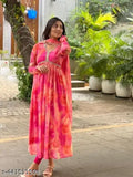 Floral printed georgette long gown kurta and dupatta set for women, vibrant colorblocked pattern, trending ethnic wear for parties