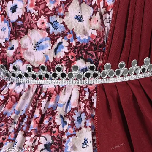 Silver satin floral print knee-length dress for baby girls, vibrant flowers and green leaves pattern, easy back zip opening, includes attached dupatta and belt, country of origin: India
