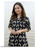 Black rayon cotton kurti set with printed net pattern, flattering fit, perfect for daily wear or special occasions. Made in India