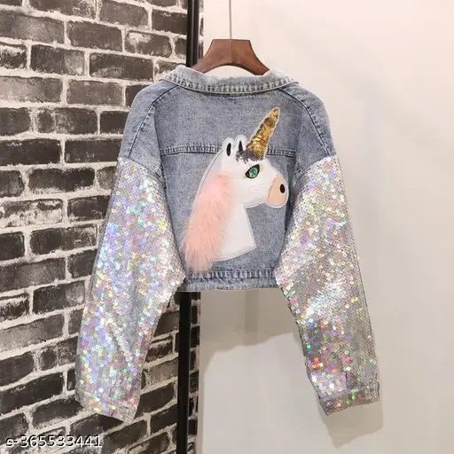 Denim sequins unicorn patch jacket, embellished net on long sleeves, India-made, one size fits S/M/L/XL