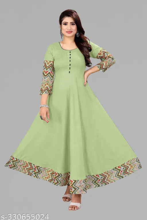 Pista color viscose rayon long solid border tussle tie Anarkali Kurti, Indian-inspired casual dress for office, daily use, and social gatherings