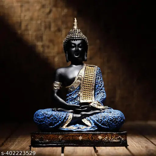 Blue polyresin sitting Buddha statue - Elegant home decor showpiece capturing peace & enlightenment