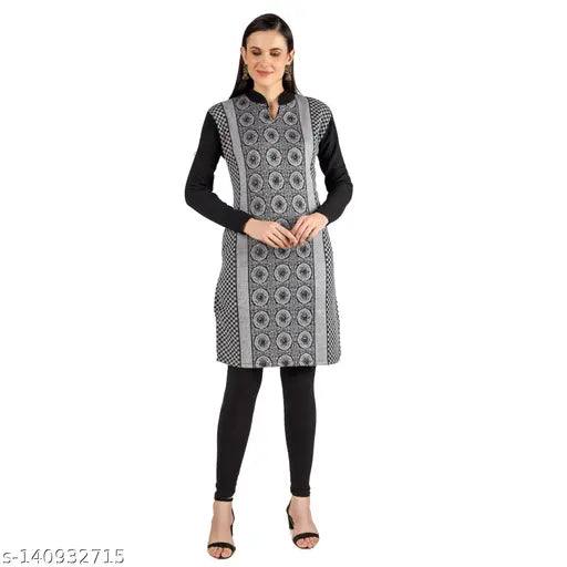 Woolen paisley patterned kameez dress with long sleeves, black background