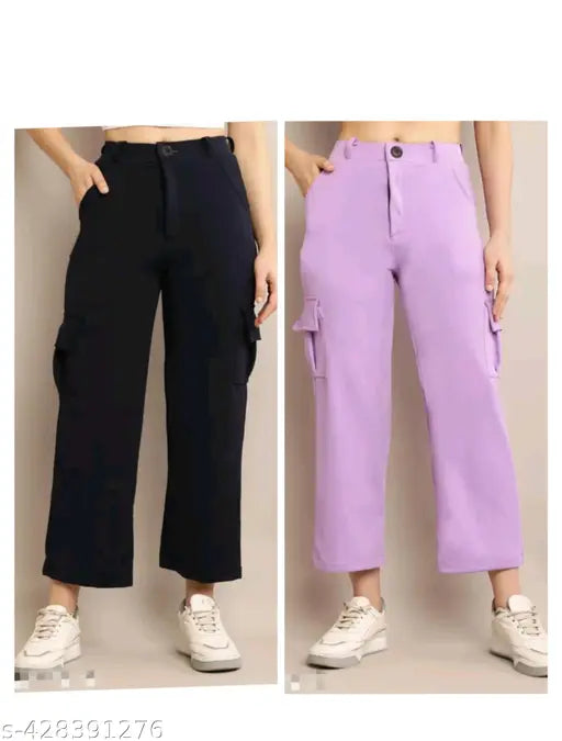 Lavender cotton flared pants, black ribbed cuffs
