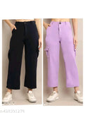 Lavender cotton flared pants, black ribbed cuffs