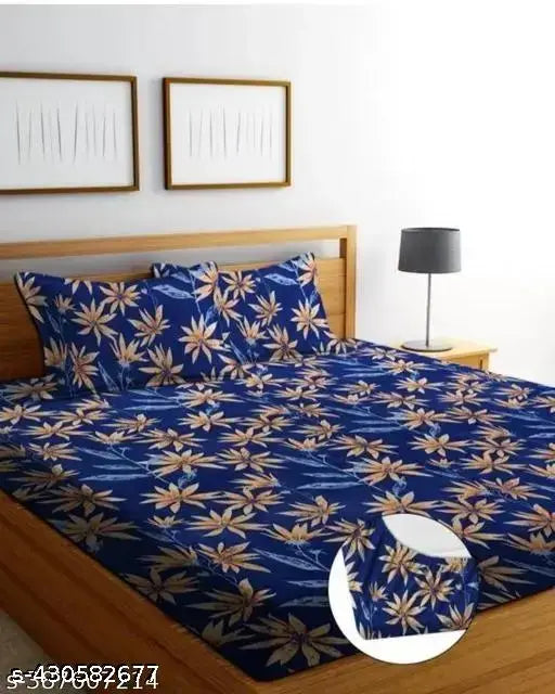 Attractive cotton double fitted bedsheet with 2 large pillow covers, botanical print, ideal for summer. Elastic fitted sheets on king size mattress. Made in India