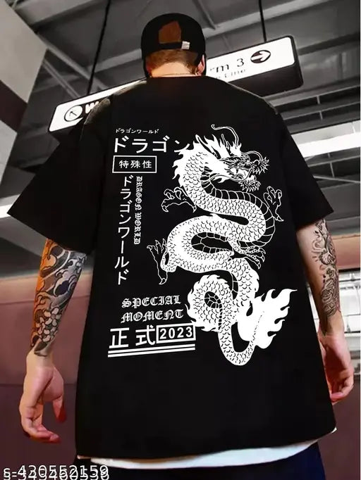 Men's black cotton graphic printed oversized half sleeve dragon t-shirt, anime-inspired fashion on display
