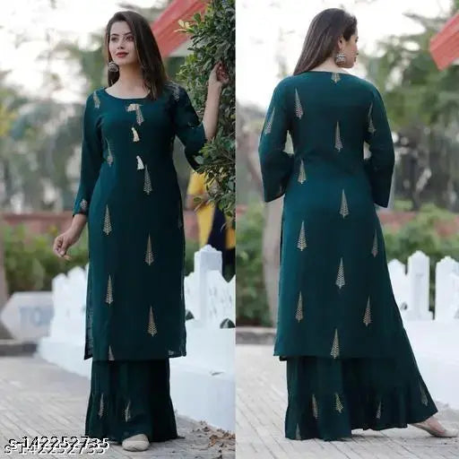Green printed rayon kurta and sharara set, three-quarter sleeve palazzos for women - Indian ethnic fashion