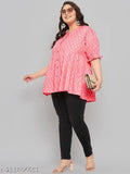 XL-5XL plus size printed slub rayon pink top, comfortable Indo-western design with puff sleeves, round neck, and functional buttons