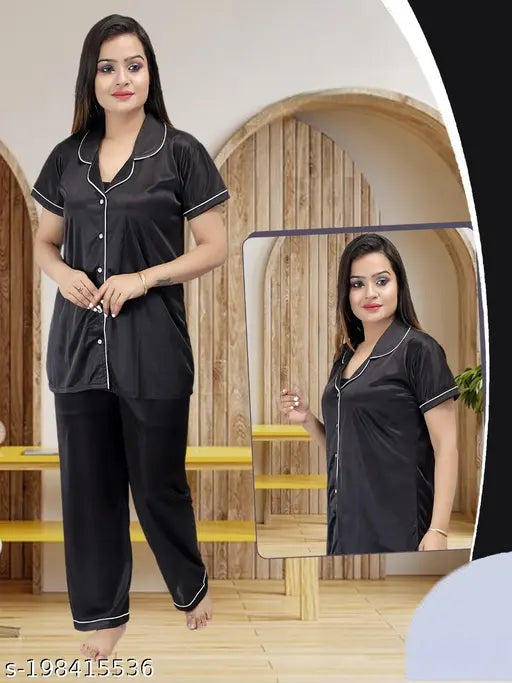Women's satin night suit, short-sleeved shirt and pyjama set, free size, solid color, machine washable, Ansh Collection, India