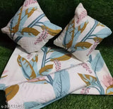 Glace Cotton, botanical-patterned 5-piece set: double king size bedsheet, 4 pillow covers, and 2 cushion covers with fillers - ideal for adult summer use from India