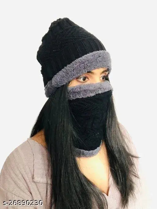 Black wool beanie cap for men's & women's, solid pattern, perfect for winter sports & outdoor activities. Made in India