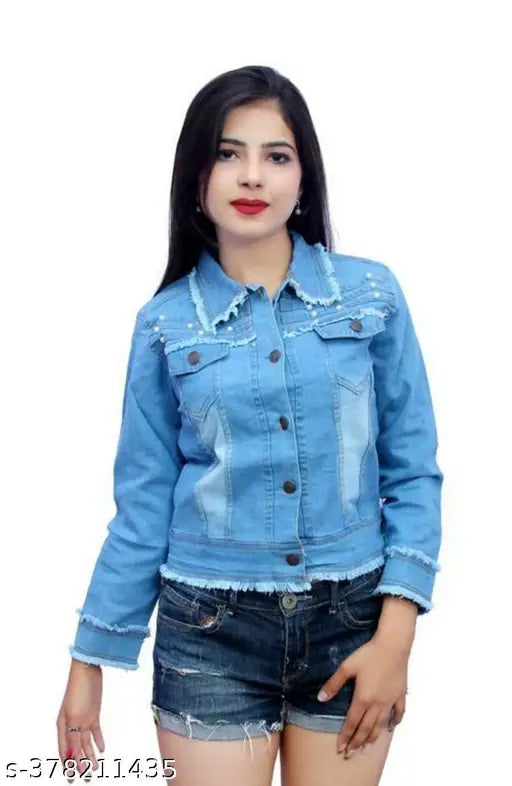New design Raff women's denim jacket, long-sleeved solid dyed/washed jacket for women, made in India (S: 34in bust, 18in length; M: 36in bust, 19in length; L: 38in bust, 20in length; XL: 40in bust, 21in length)