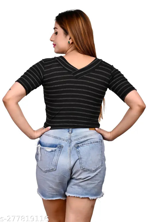 Black striped cotton crop top with short sleeves and V-neck, stylish women's fashion for any occasion