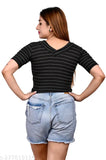 Black striped cotton crop top with short sleeves and V-neck, stylish women's fashion for any occasion
