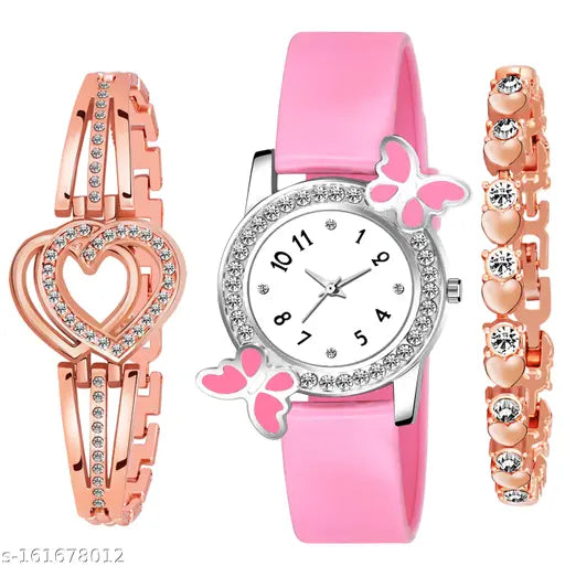 Black analog watch with silver numbers, pink gift bracelet, small butterfly design, heart-shaped pendant. Includes a similar watch and two matching bracelets as part of combo set