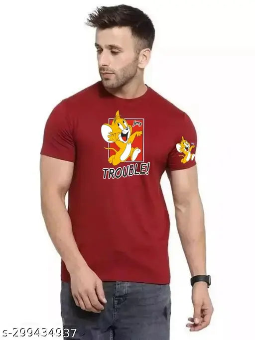 Maroon Color Jerry Printed T-Shirt For Men With Left Sleeve Print | Printed T-Shirt | Casual T-Shirt | Gym -T-Shirt | Boy's T-Shirt | Street Wear T-Shirt