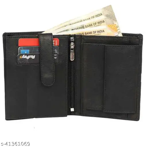 Black faux leather men's wallet, two-fold design with textured pattern, ideal for professionals