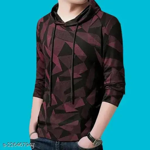 Black cotton long sleeve men's t-shirt with printed color block pattern, ideal for casual wear