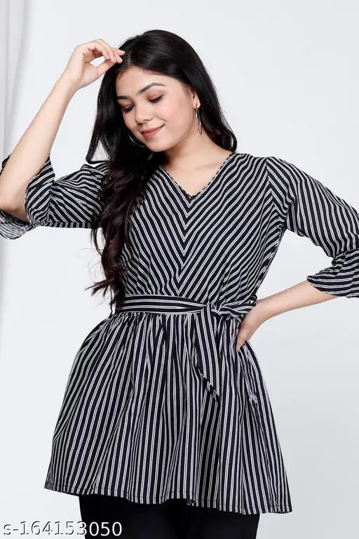Striped cotton kurti set with crepe palazzos, three-quarter sleeves, umbrella cuff pant - Indian Indo-Western fashion attire for parties
