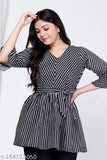 Striped cotton kurti set with crepe palazzos, three-quarter sleeves, umbrella cuff pant - Indian Indo-Western fashion attire for parties