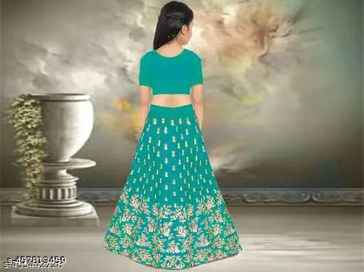 Embroidered taffeta silk lehenga cholis set with net dupatta and short sleeves, Indian kids fashion in various sizes from 0-3 months to 14-15 years