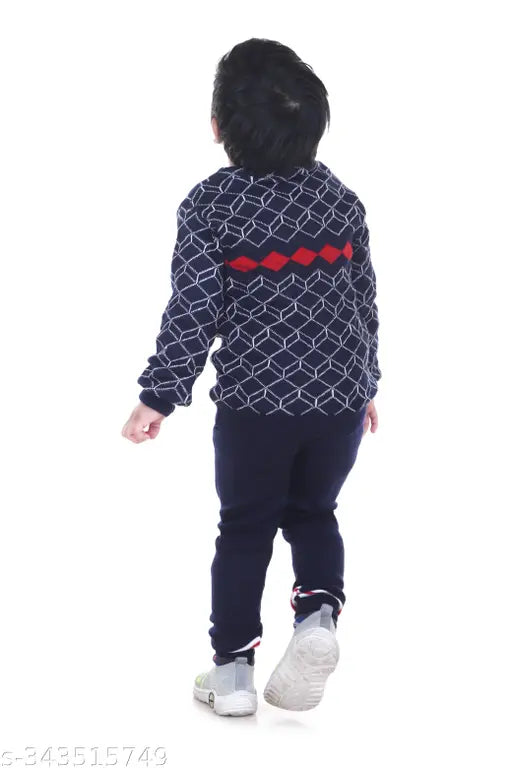 Kids' wool full sleeve round neck sweater with printed net design, available in various sizes (12-18M, 18-24M, 1-2Y, 2-3Y, 3-4Y, 4-5Y). Made in India