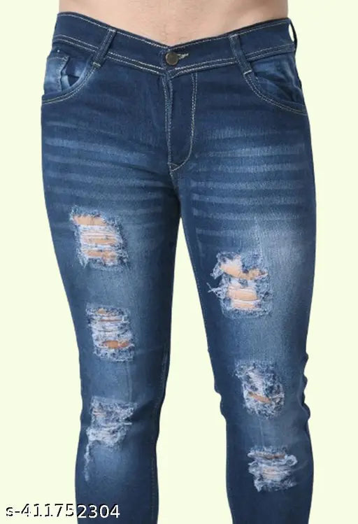 Men's slim fit cotton blend blue jeans with rough finish and distressed details