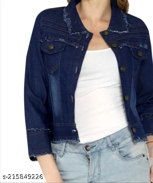 Denim jacket, blue, faux leather trim, buttoned front pockets, girls' sizes, casual wear