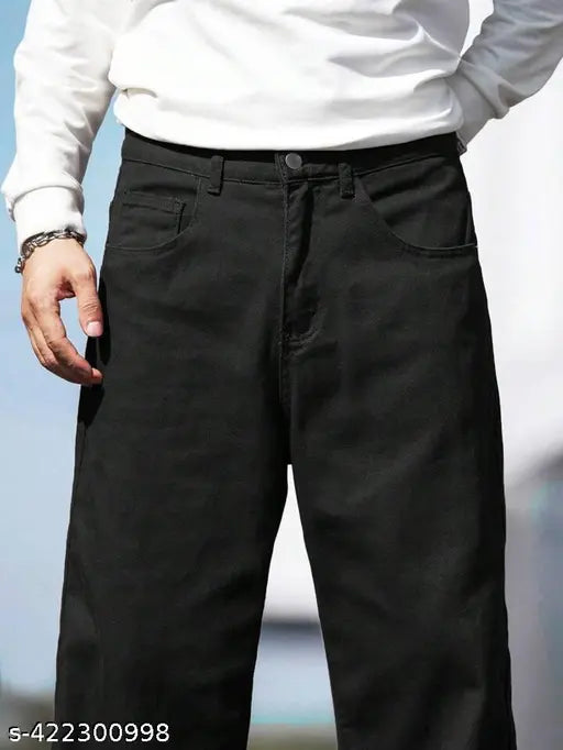 Boy baggy black oversized denim jeans, solid pattern, casual wear for men (size 28-36), India origin