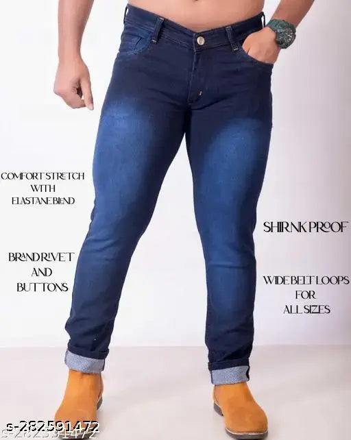 Men's solid polycotton jeans, 30" waist, 40" length, available in sizes 28, 30, and 32. Indian-made menswear
