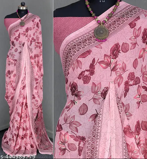 Pink georgette printed sari with unstitched blouse piece