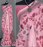 Pink georgette printed sari with unstitched blouse piece
