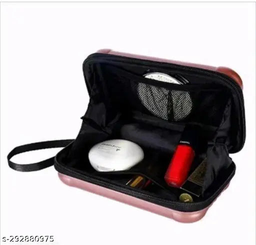 The image shows a small, rectangular cosmetics bag with an open lid and various items inside. It features multiple compartments designed for organizing makeup products. There are no visible texts or brand names on the bag or its contents that can be confidently identified in this alt text description