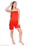 Satin lace short nightsuit with sleeveless spaghetti top and short bottom, made from midweight soft cotton for comfort during sleep