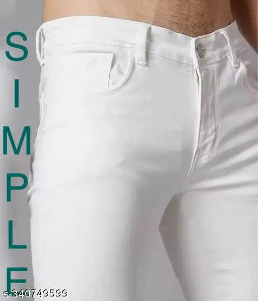 Men's white cotton blend comfortable jeans, solid pattern for every occasion