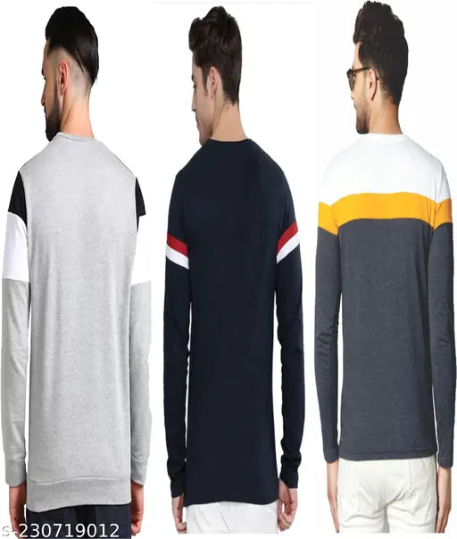 Striped cotton men's full sleeve t-shirt combo (S - chest size 36in, length size 25in), Indian origin