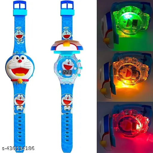 Doreamon digital wrist watch with multicolored glow-in-dark effect, 40mm diameter for kids, glowing music function