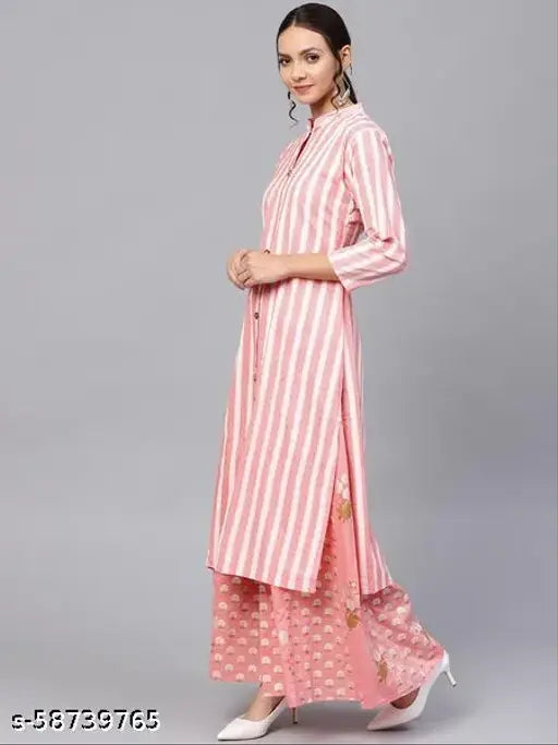 Cotton Kurta & Palazzo: Pink printed net ethnic wear with three-quarter sleeves, v-neck, and adjustable waistband - Indian craftsmanship