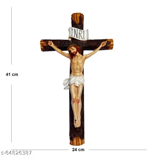 Large, holy cross on wooden stand with a plaque reading 'INRI', 16 inch showpiece wall decoration for Catholic home ornaments for religious gift giving