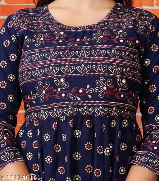 Blue rayon anarkali kurti with three-quarter sleeves, printed combo design. Women's size S to XXXL. Indian craftsmanship