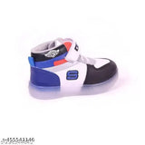 A pair of kids' fashionable led light sneakers, white and blue, with sporty soles
