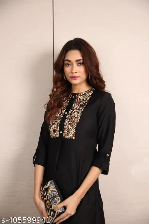 Black embroidered rayon coord set for women and girls, vibrant two-piece outfit perfect for all seasons