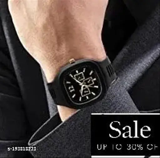 Black analog fashion watch, imported, square multi-dial, silicone strap, for boys