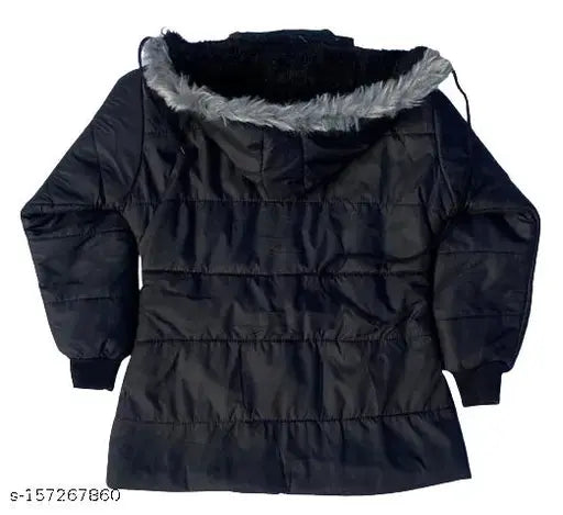 Elegant girl's coat, black faux fur hoodie with a drawstring, from Cutiepie